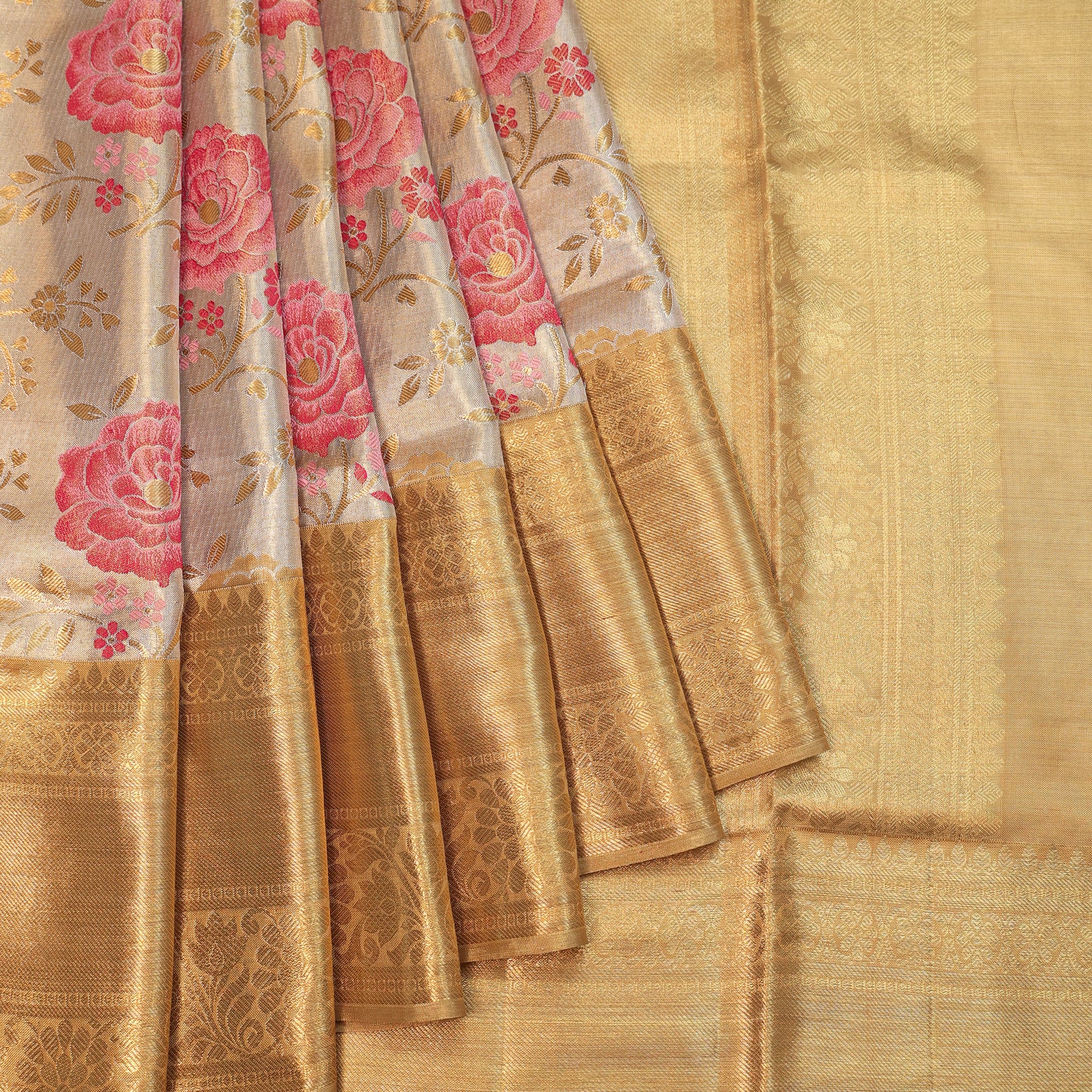 Gold Kanchipuram Silk Saree with Meenakari Motifs