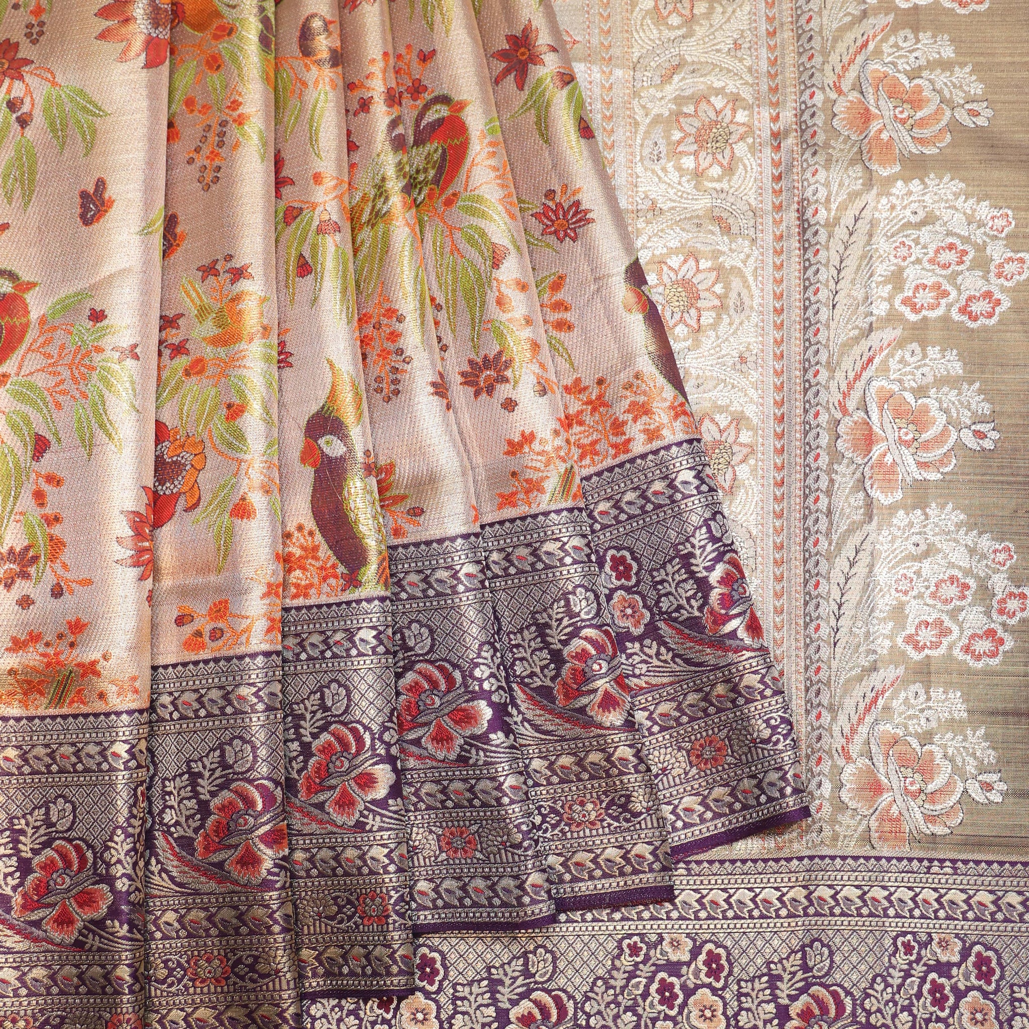 Gold Kanchipuram Silk Saree with Killi Motifs