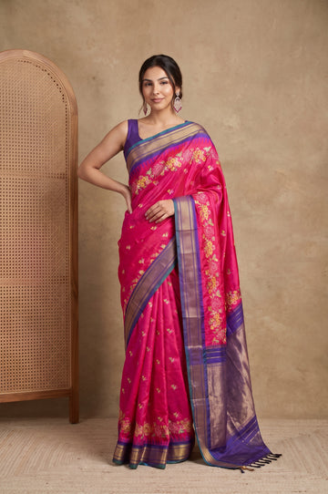 Pink Kanchipuram Silk Saree with Floral Thread Work
