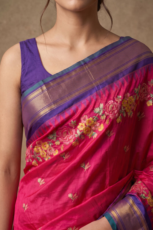 Pink Kanchipuram Silk Saree with Floral Thread Work