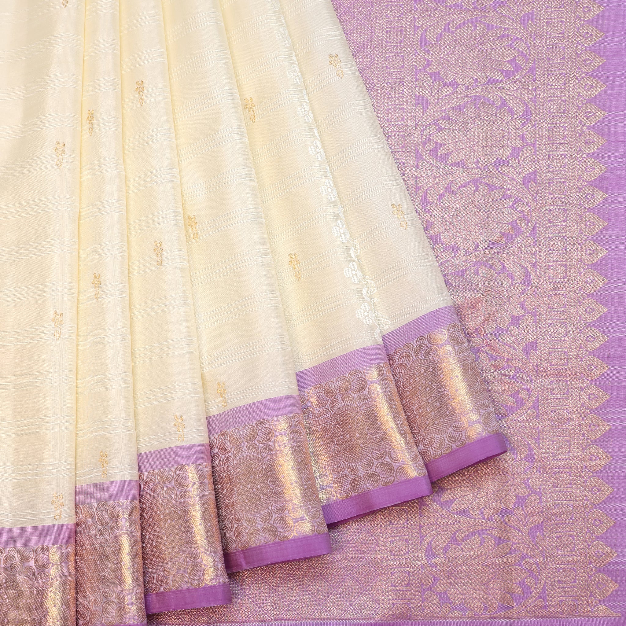 Off-White Kanchipuram Silk Saree with Lavender Zari Detailing