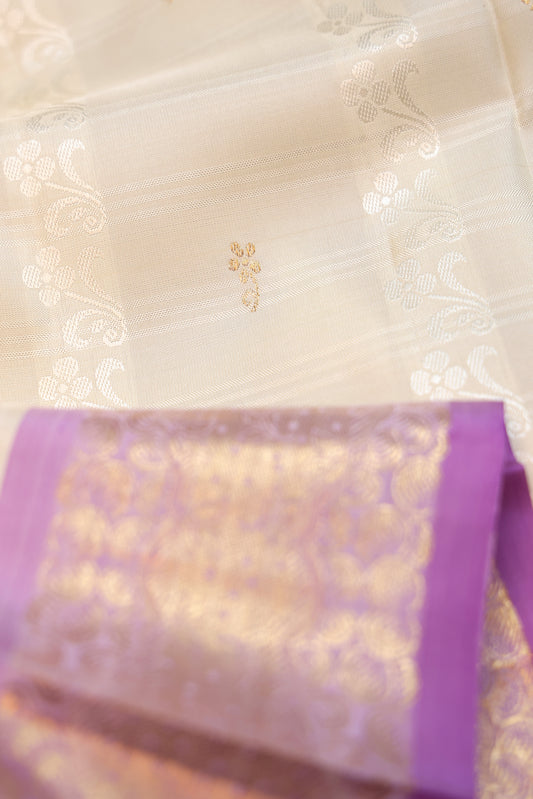Off-White Kanchipuram Silk Saree with Lavender Zari Detailing