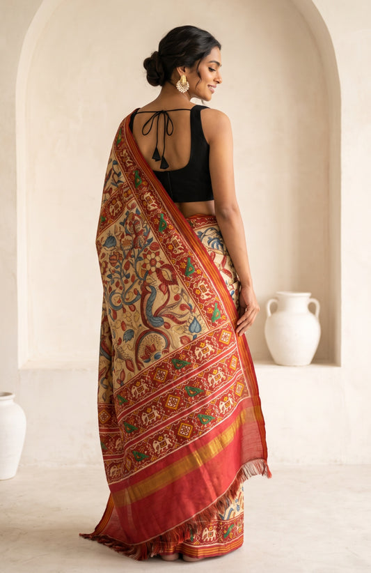 Beige Patan Patola Silk Saree with Kalamkari Jaal Motifs