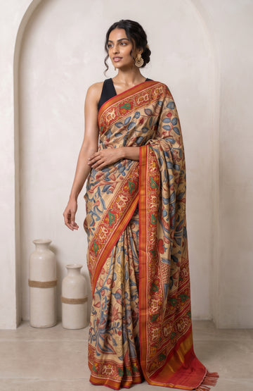 Beige Patan Patola Silk Saree with Kalamkari Jaal Motifs