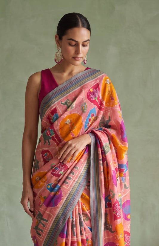 Peach Patan Patola Silk Saree with Grey Ikat Border