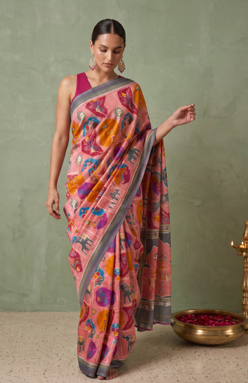 Peach Patan Patola Silk Saree with Grey Ikat Border