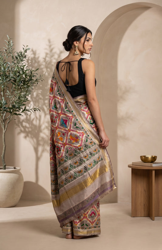 Off-White Patan Patola Silk Saree with Animal Motifs