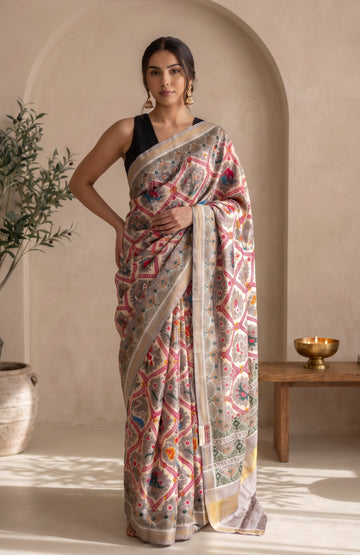 Off-White Patan Patola Silk Saree with Animal Motifs