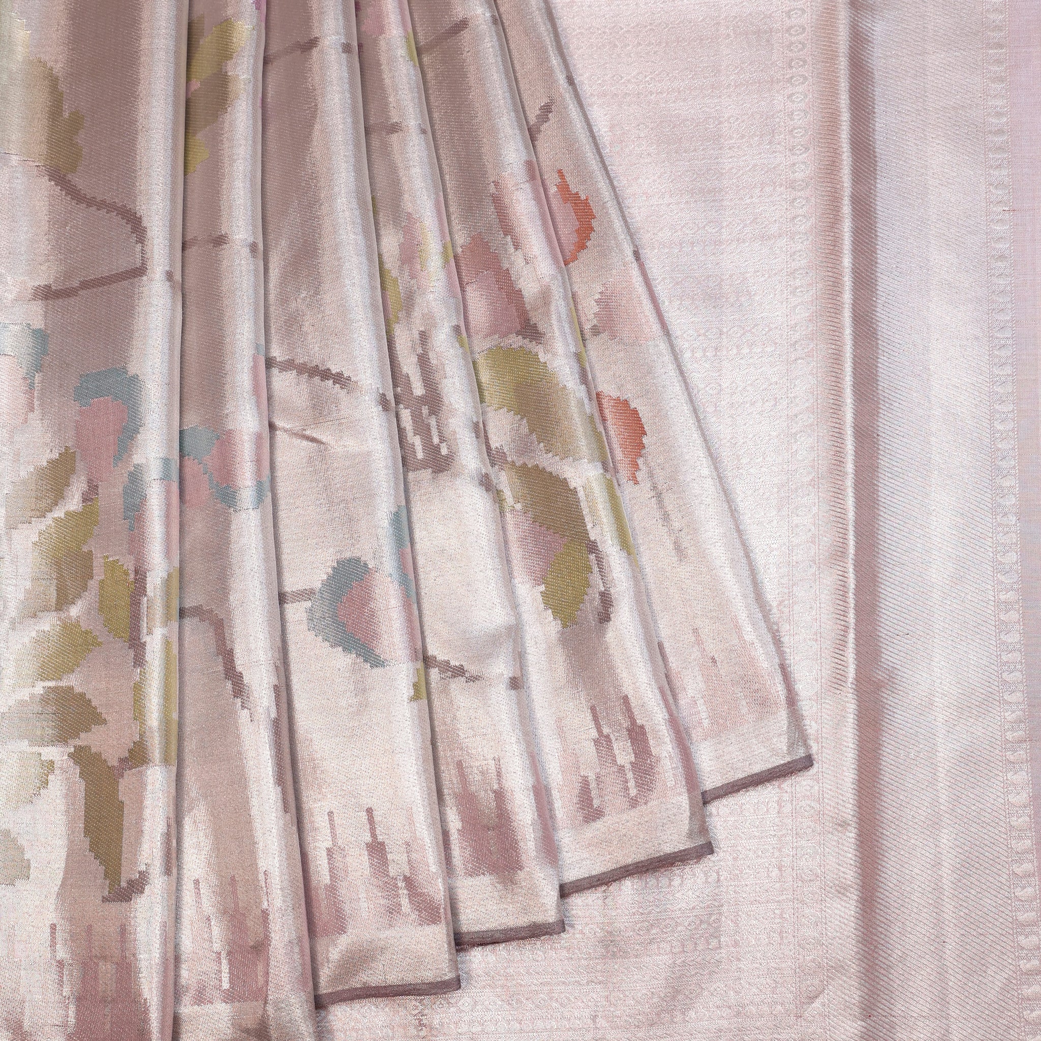 Silver Kanchipuram Tissue Silk Saree with Ganga Jamuna Border and Peach Pallu