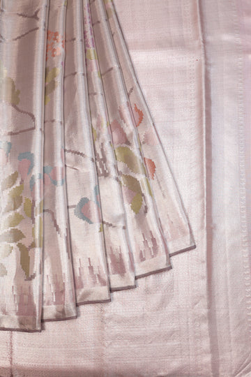 Silver Kanchipuram Tissue Silk Saree with Ganga Jamuna Border and Peach Pallu