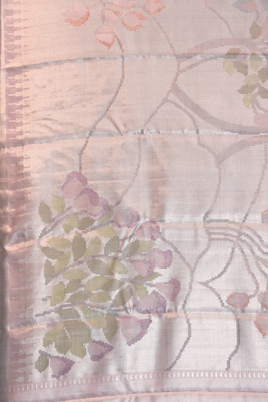 Silver Kanchipuram Tissue Silk Saree with Ganga Jamuna Border and Peach Pallu
