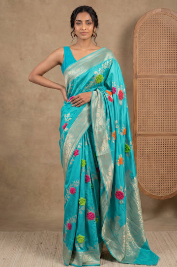 Sea Green Banaras Mashru Silk Saree with Floral Jaal