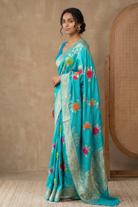 Sea Green Banaras Mashru Silk Saree with Floral Jaal