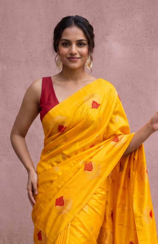Yellow Mashru Silk Saree with Floral Motifs