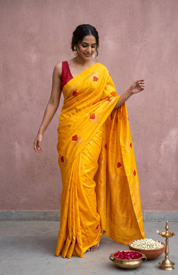 Yellow Mashru Silk Saree with Floral Motifs