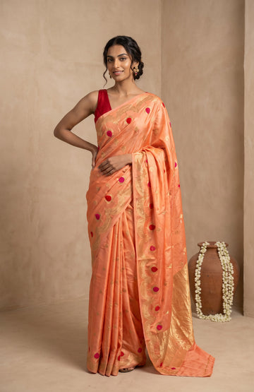 Peach Banaras Mashru Silk Saree with Embroidery & Flower Butta