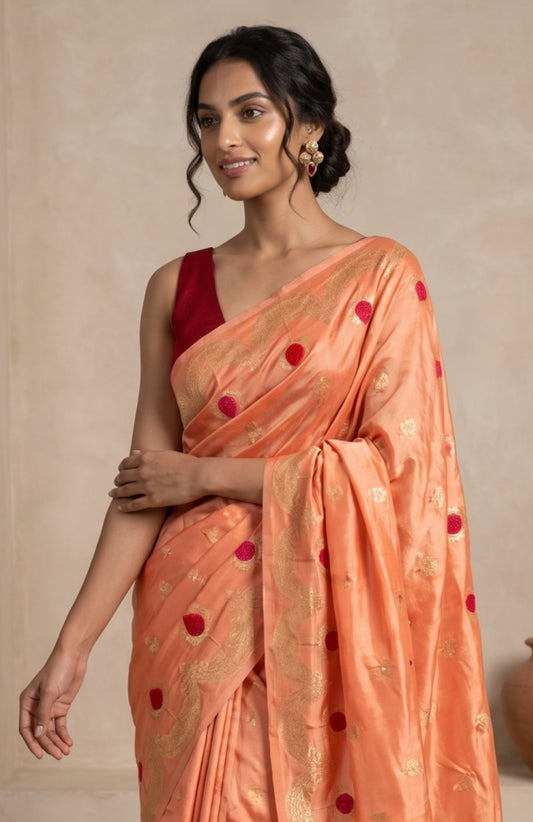 Peach Banaras Mashru Silk Saree with Embroidery & Flower Butta