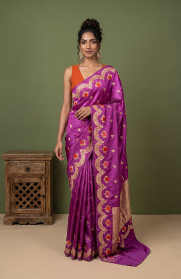 Violet Mashru Silk Saree with Floral Velvet Embroidery