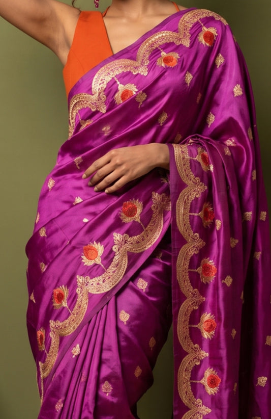 Violet Mashru Silk Saree with Floral Velvet Embroidery