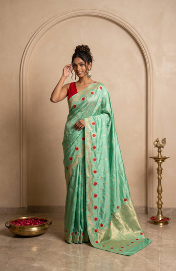 Sea Green Mashru Silk Saree with Floral Zari Butta