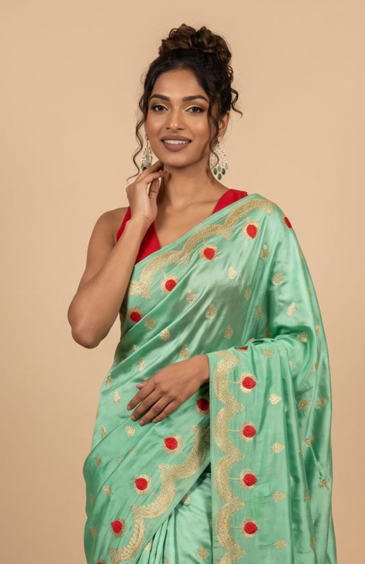 Sea Green Mashru Silk Saree with Floral Zari Butta