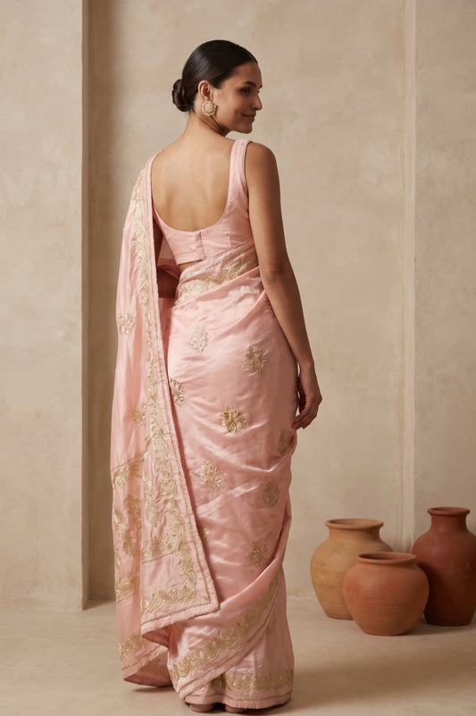 Peach Mashru Silk Saree with Floral Motifs