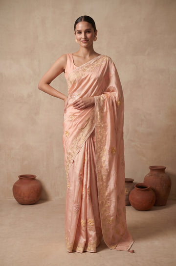 Peach Mashru Silk Saree with Floral Motifs