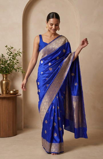 Blue Banarasi Mashru Silk Saree with Flower Motifs