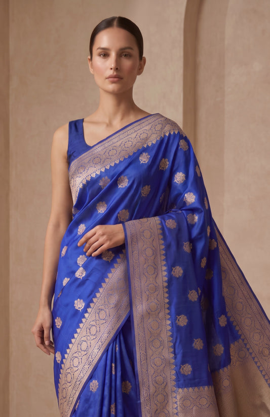 Blue Banarasi Mashru Silk Saree with Flower Motifs