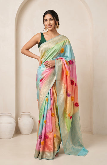 Multicolour Banaras Mashru Silk Saree with Sky Blue Border