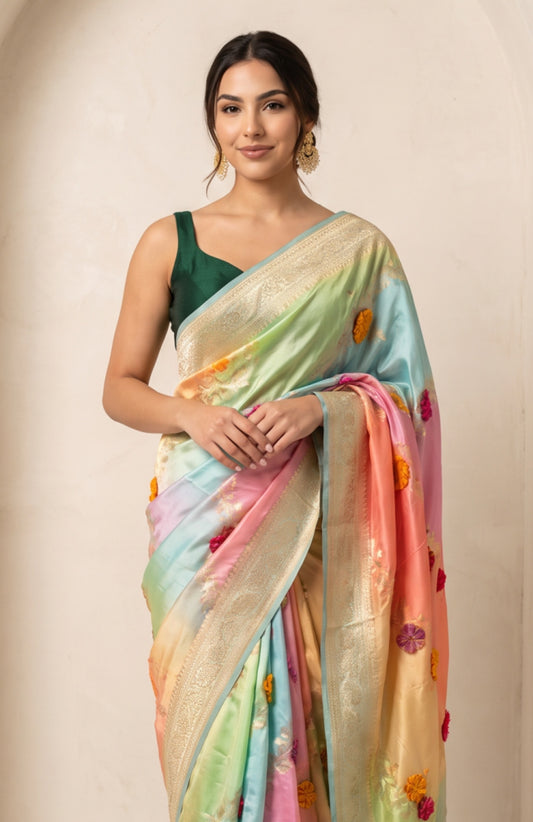 Multicolour Banaras Mashru Silk Saree with Sky Blue Border