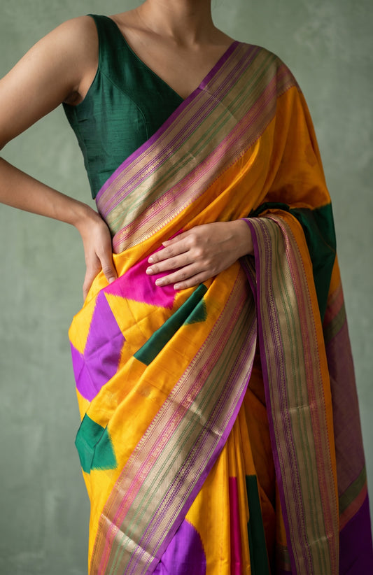 Multicolour Plain Mashru Silk Saree