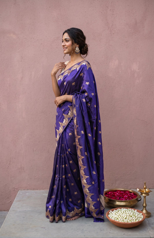 Navy Blue Banaras Katan Silk Saree with Floral Creeper