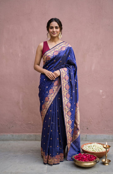 Navy Blue Katan Silk Saree with Polka Dots