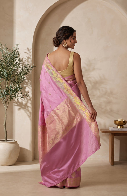 Onion Pink Banaras Katan Silk Saree with Floral Buttas