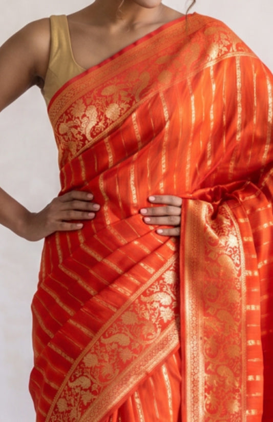 Red Katan Silk Saree with Floral Creeper