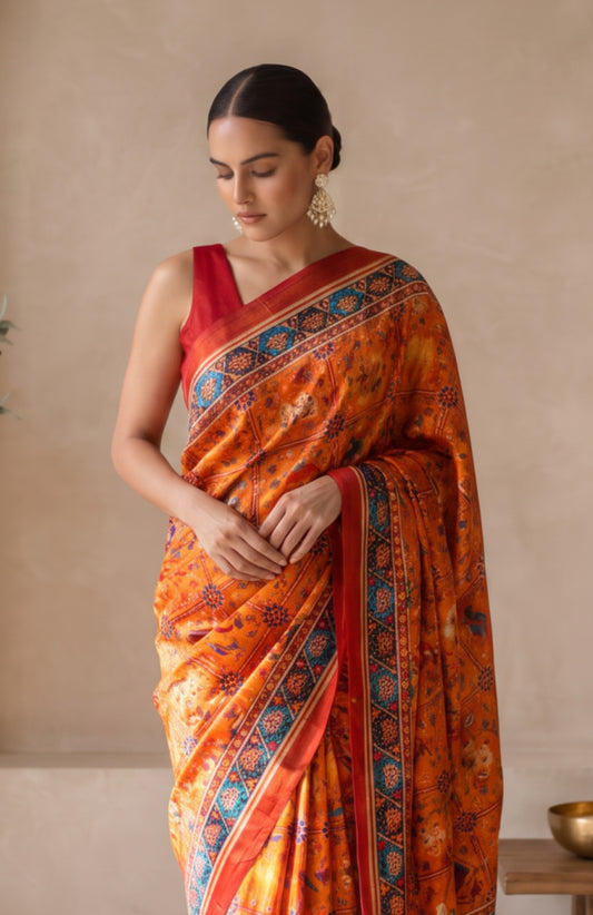Maroon Patan Patola Silk Saree with Floral Stripes