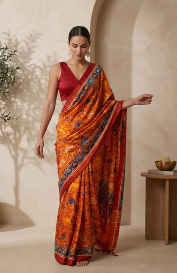 Maroon Patan Patola Silk Saree with Floral Stripes