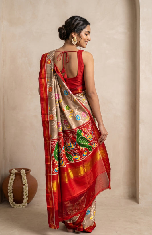Grey Patan Patola Silk Saree with Leaf & Parrot Design