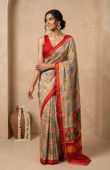Grey Patan Patola Silk Saree with Leaf & Parrot Design