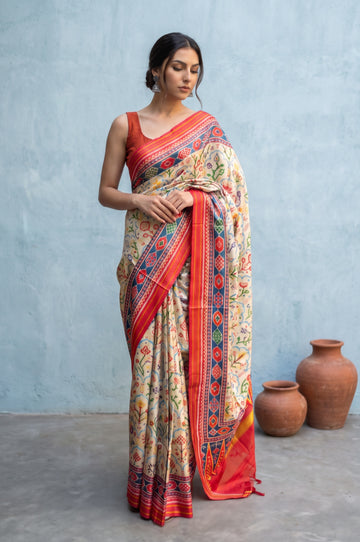 Ash Coloured Patan Patola Silk Saree with Floral Motifs