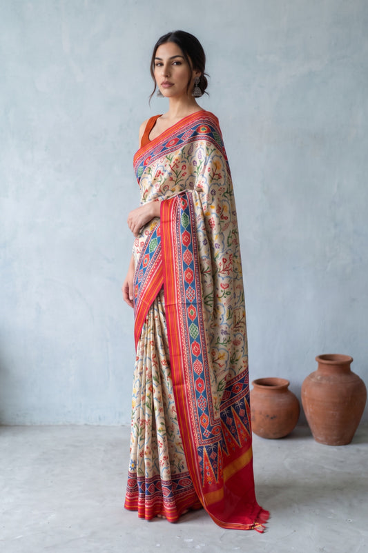Ash Coloured Patan Patola Silk Saree with Floral Motifs