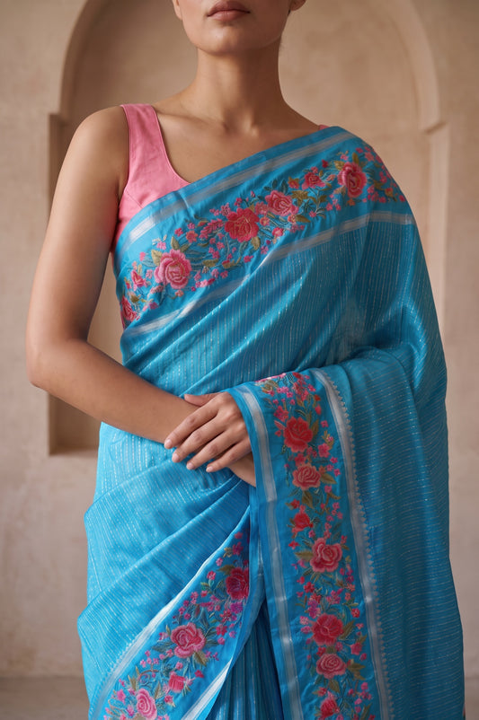 Sky Blue Kanchipuram Silk Saree with Petit Point Floral Jaal Border