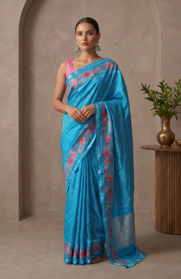 Sky Blue Kanchipuram Silk Saree with Petit Point Floral Jaal Border