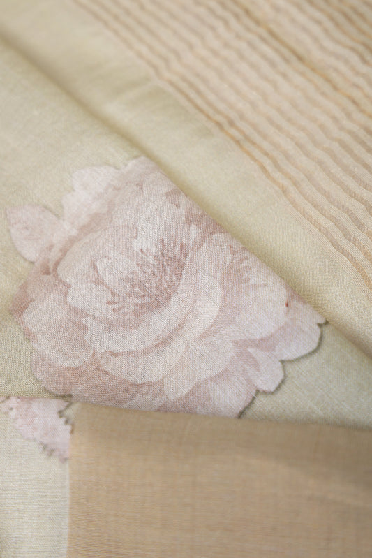 Pista Green Printed Tussar Silk Saree with Kaddi Border