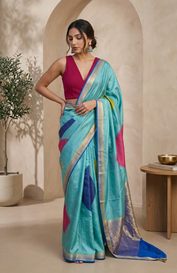 Sky Blue Banaras Mashru Silk Saree with Brocade Pallu