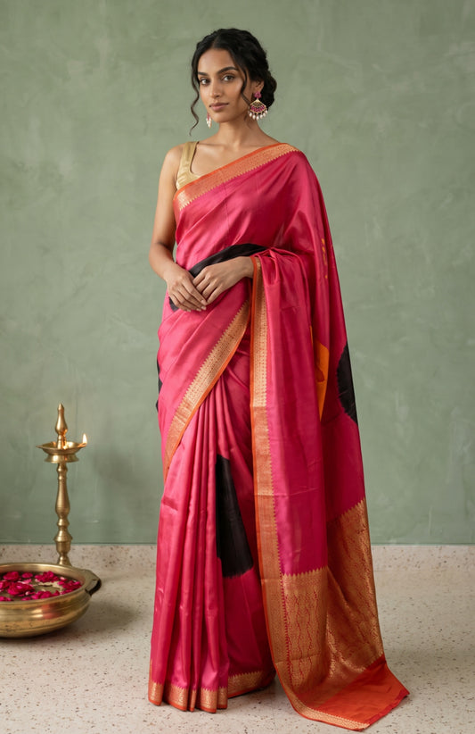 Red Mashru Silk Saree with Moon Motifs