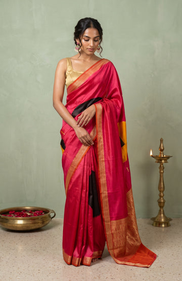 Red Mashru Silk Saree with Moon Motifs