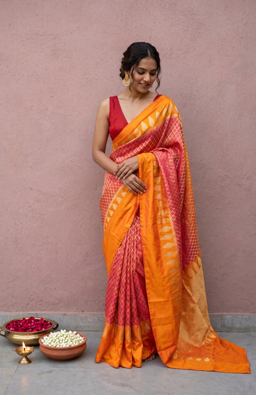 Pink Banaras Katan Silk Saree with Orange Border