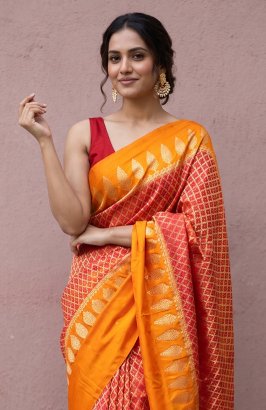 Pink Banaras Katan Silk Saree with Orange Border